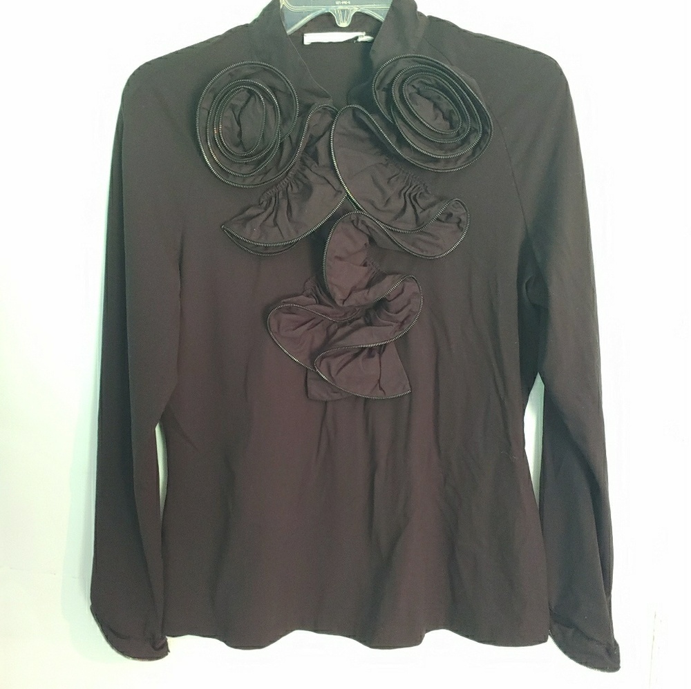 Anne Fontaine Zip Ruffle Motif Black Blouse 12 44